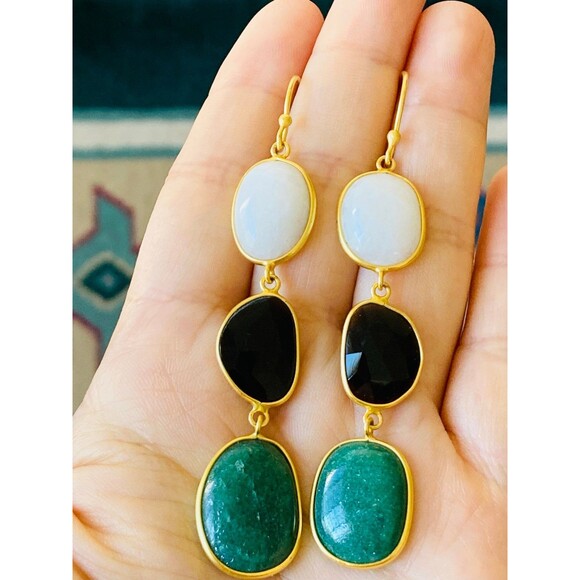 New 18k yellow gold over sterling white natural green jade black onyx Earrings